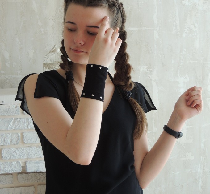 Black wrist cuff bracelet with metal drops