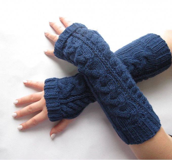 Knitted fingerless long navy blue mittens