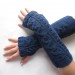 Knitted fingerless long navy blue mittens